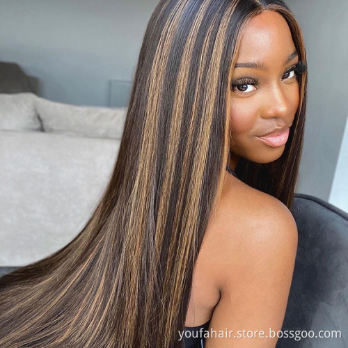 High Quality Human Hair Ombre Highlight 4*4 HD Lace Closure Wig Mixed Color 4/27 Piano Color Hair Lace Front Wig For Black Woman